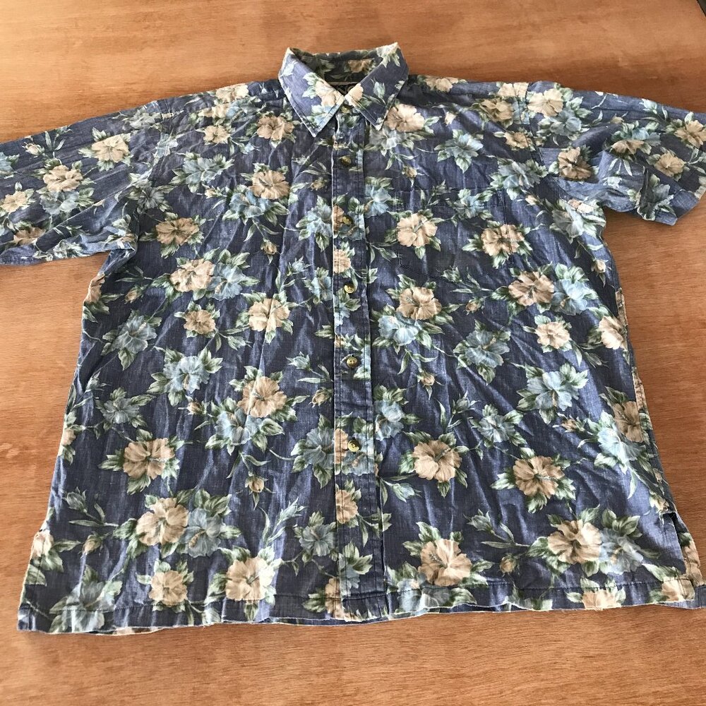 Ono Hawaiian Shirt Men L Blue Floral Button Up Pocket Short Sleeve Collared
